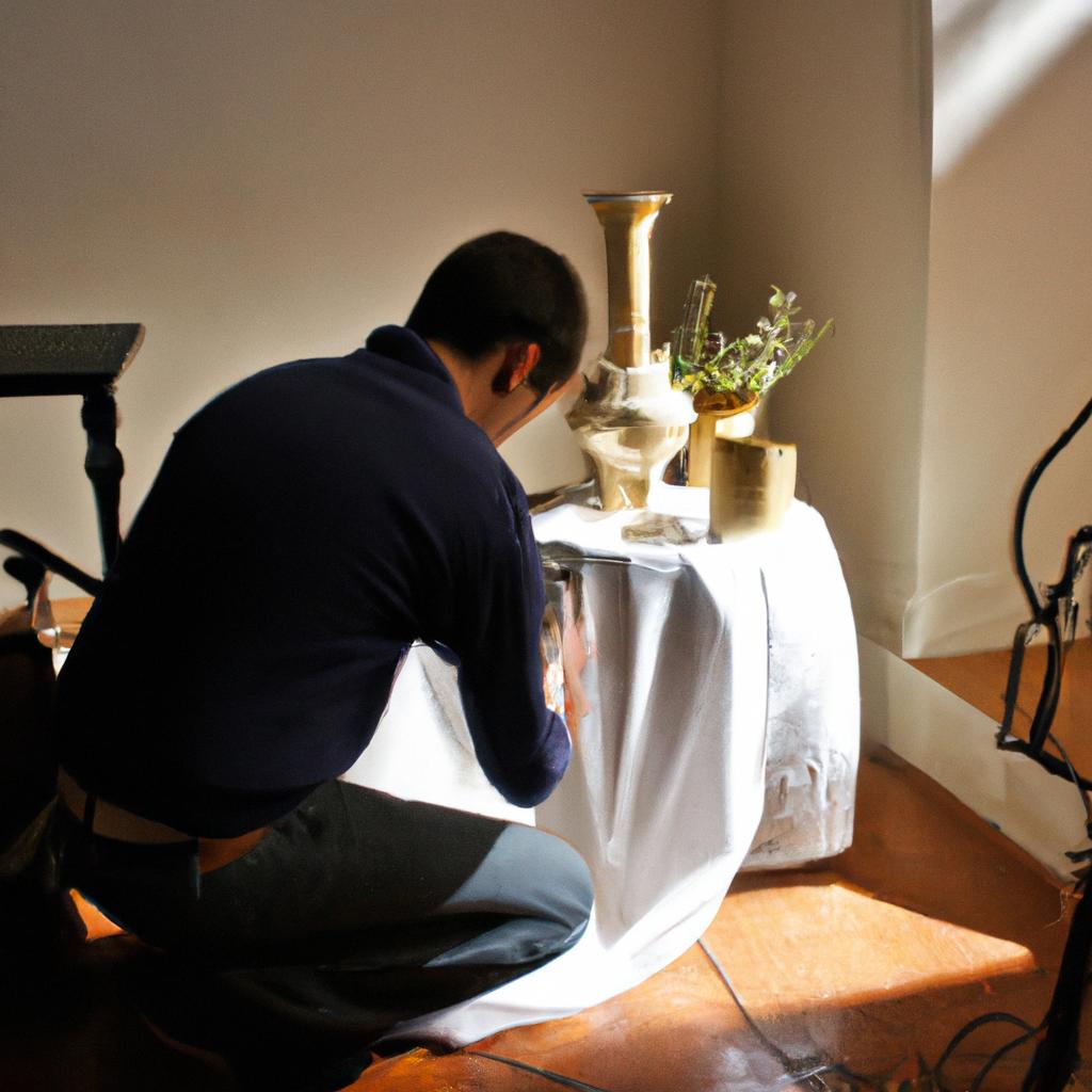 Person arranging religious artifacts, altar