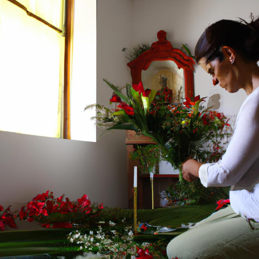 Woman arranging flowers on altar