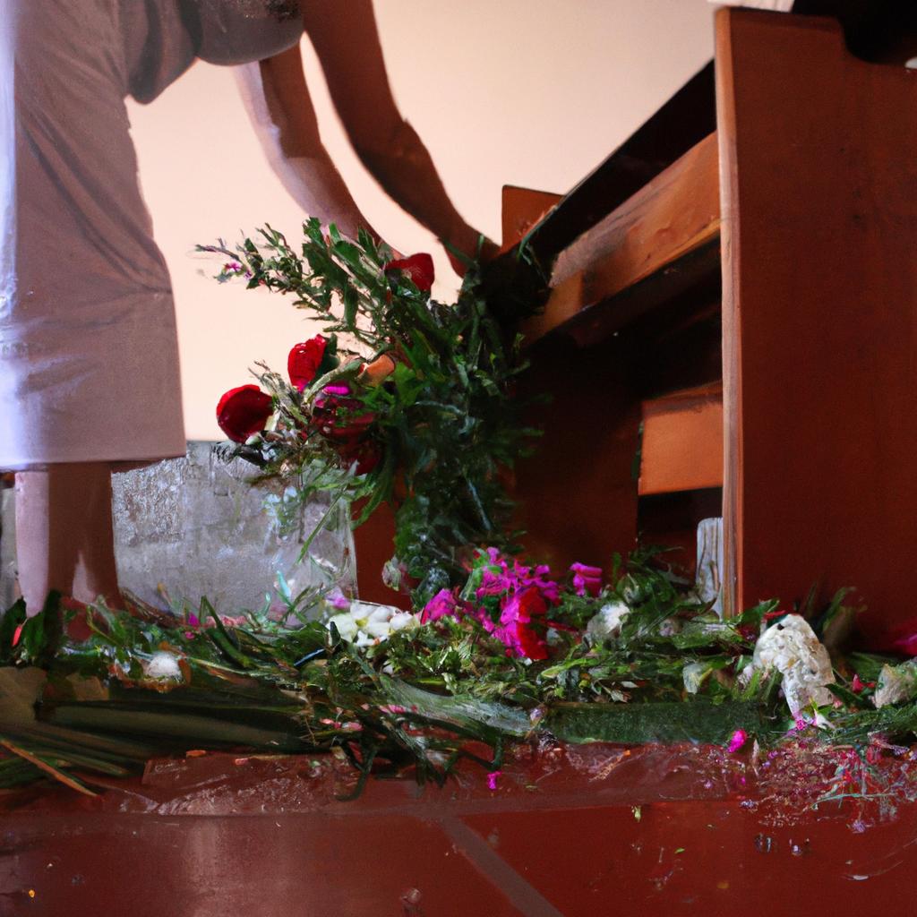 Person arranging flowers on altar