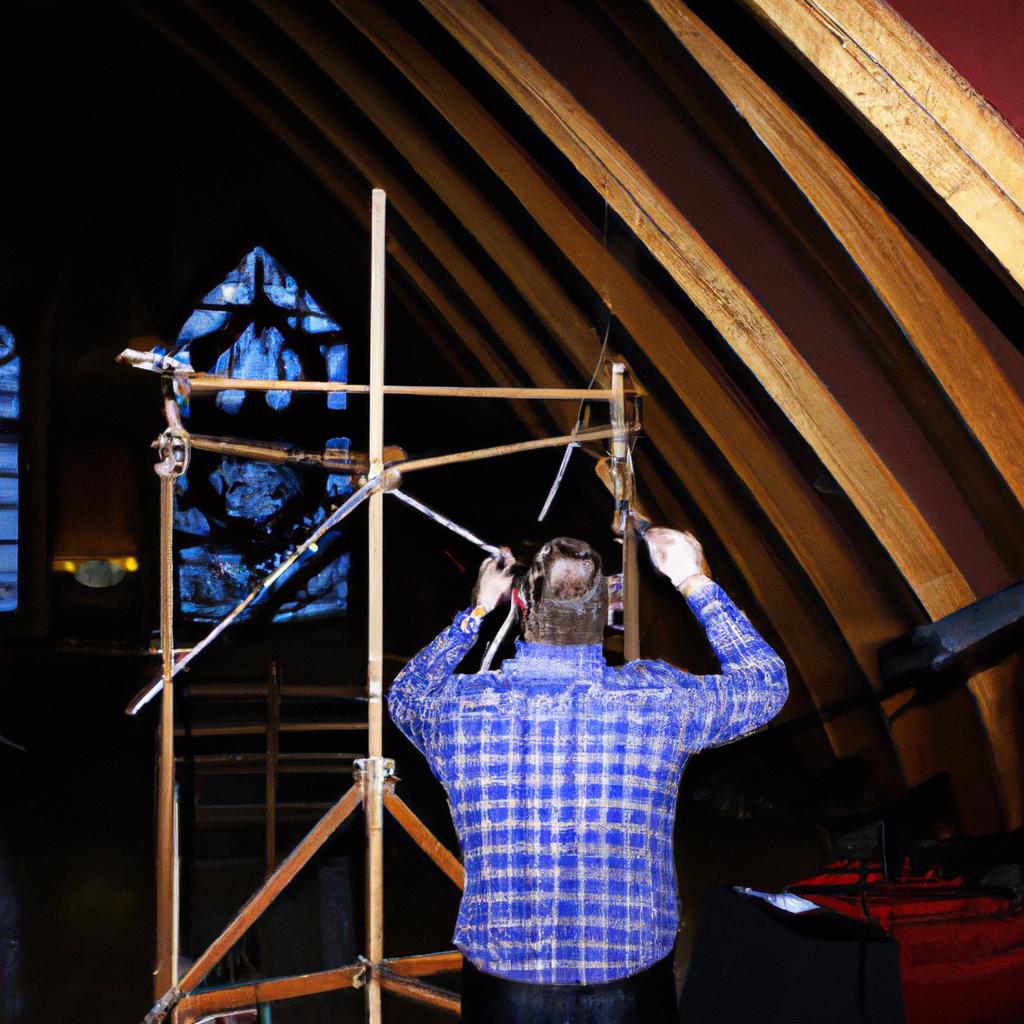Person measuring church sanctuary acoustics