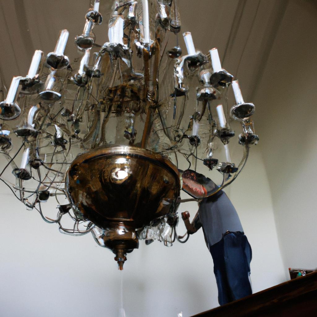 Person installing chandelier in church