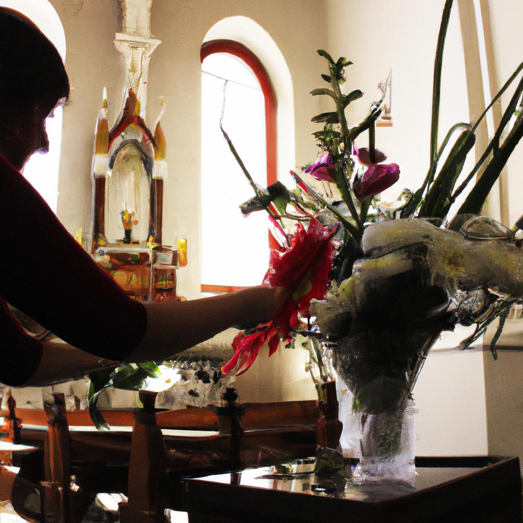 Person arranging flowers in church