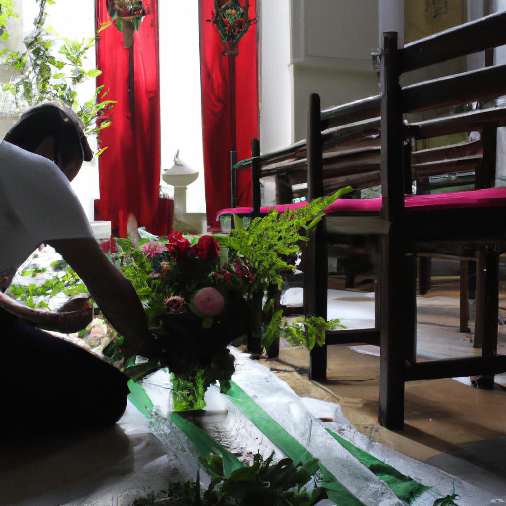 Person arranging flowers on altar
