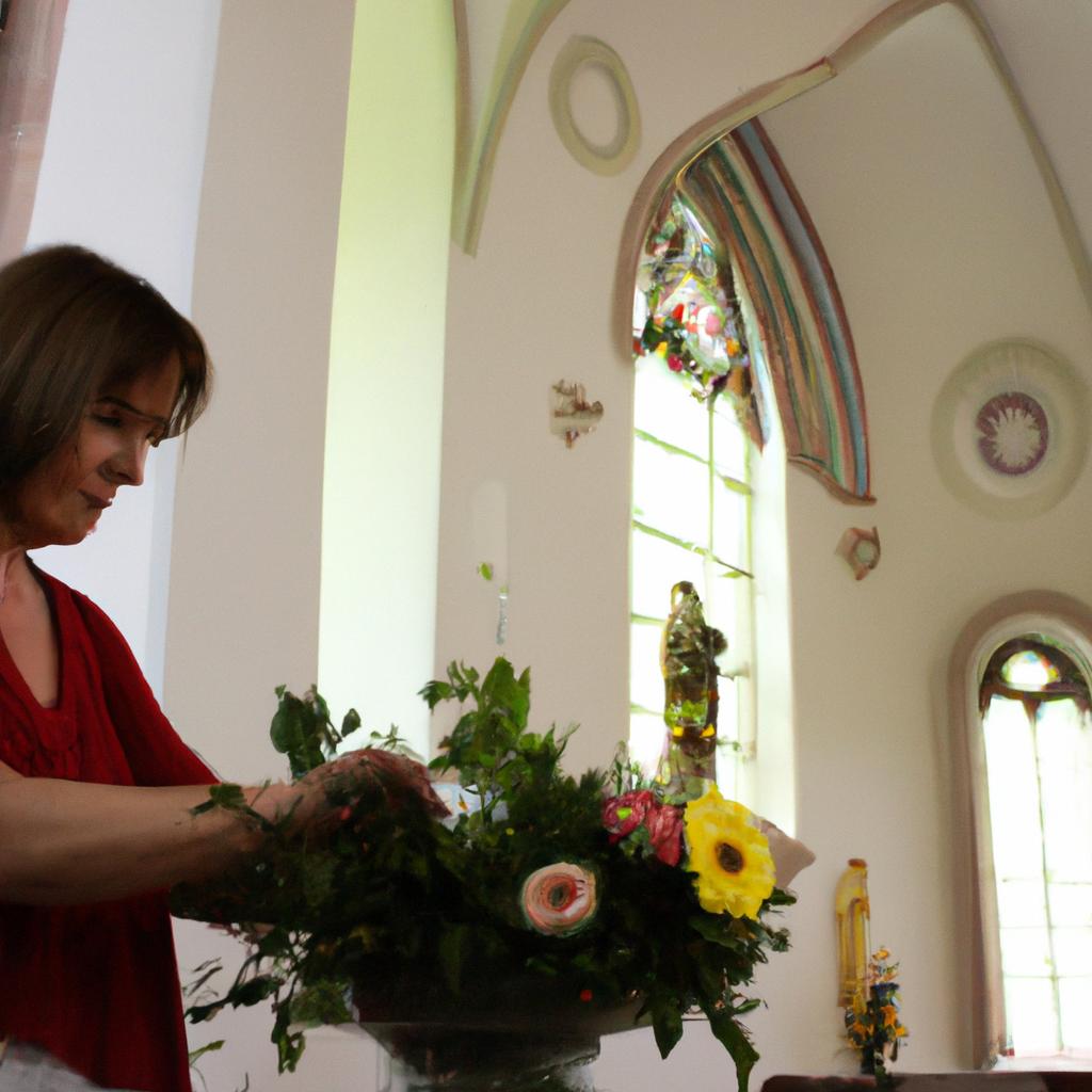 Woman arranging flowers in church
