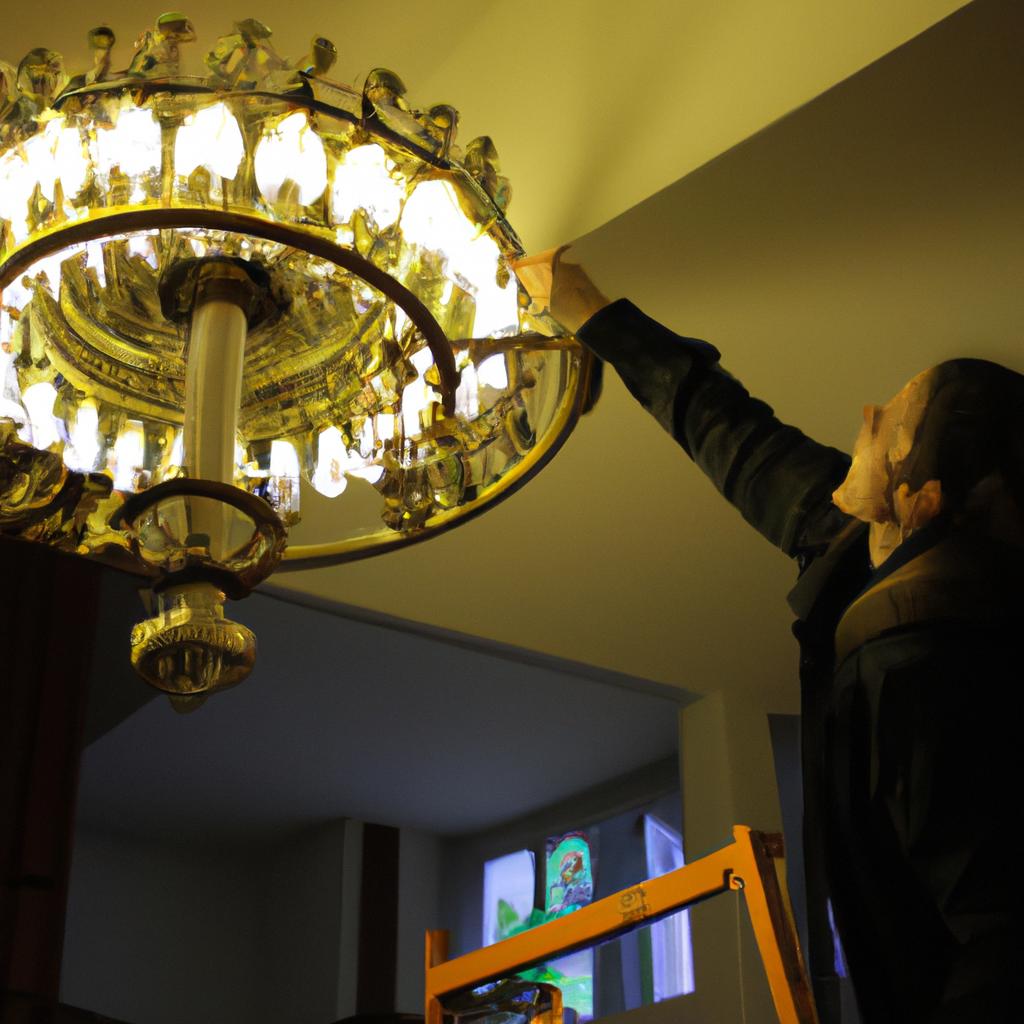Person adjusting lights in church