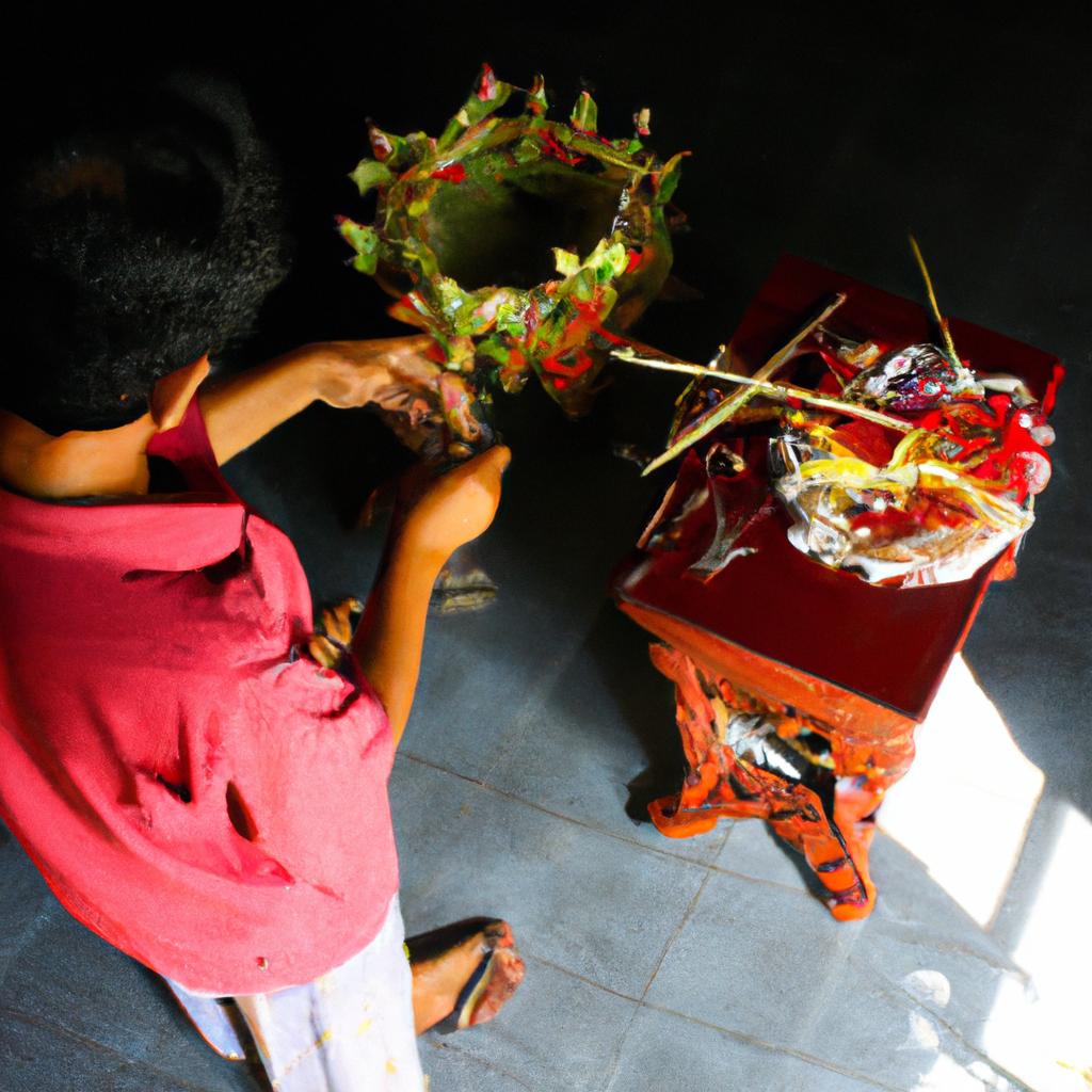 Person arranging items on altar