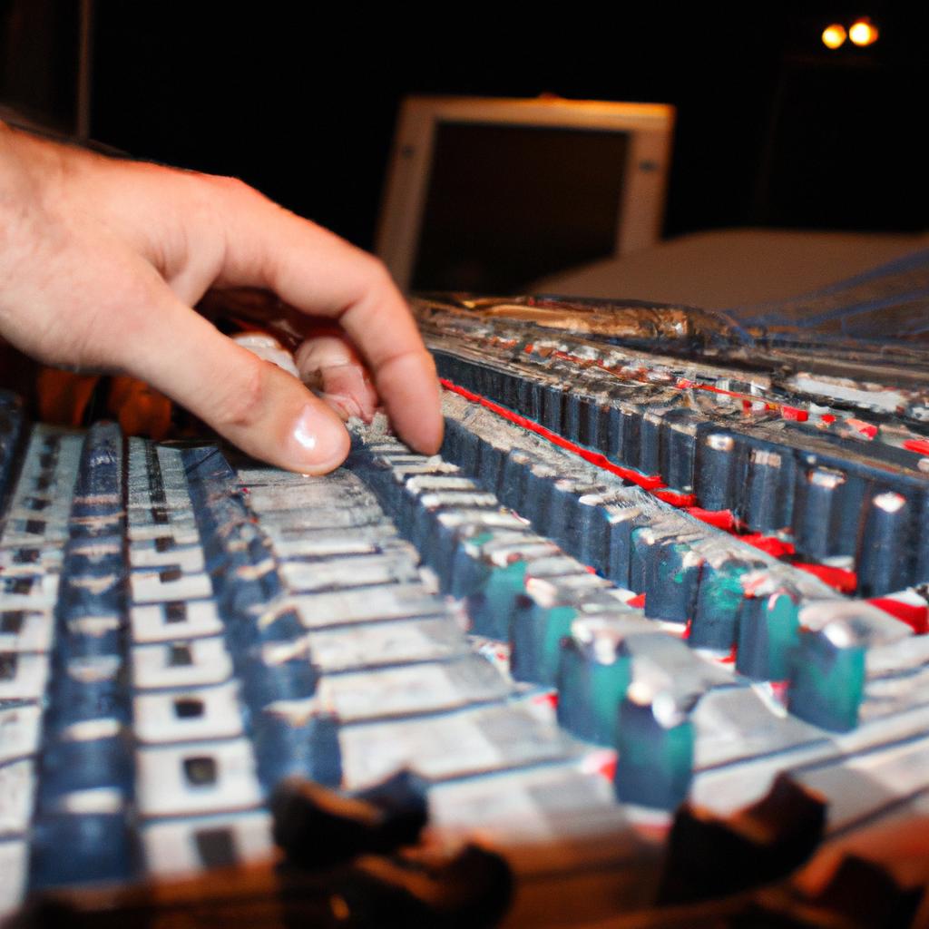 Person adjusting audio mixing console