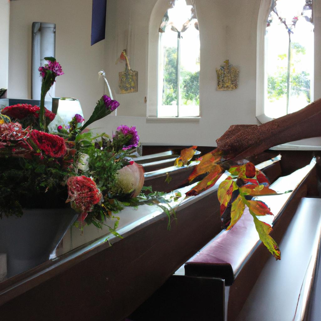 Person arranging flowers in pews