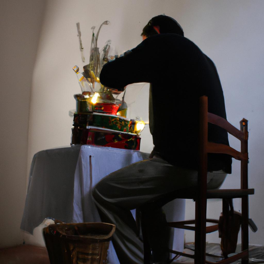 Person arranging decorative tabernacles, altar